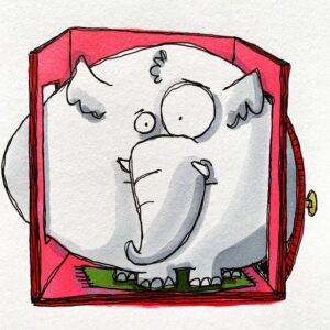Cartoon drawing of fat elephant in box